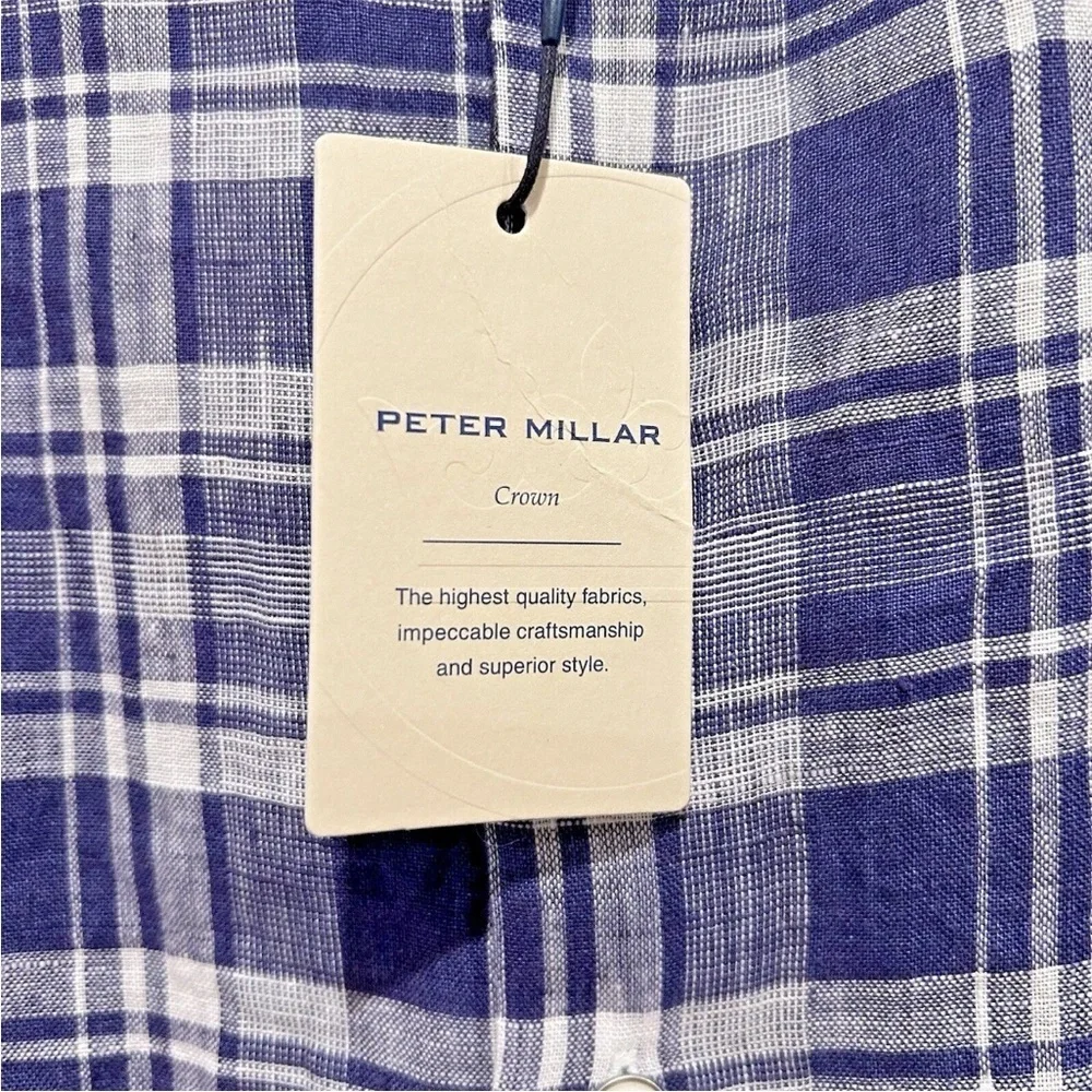 Peter Millar Crown Men's Linen Shirt Size Medium Button Up Check Long Sleeve NWT
